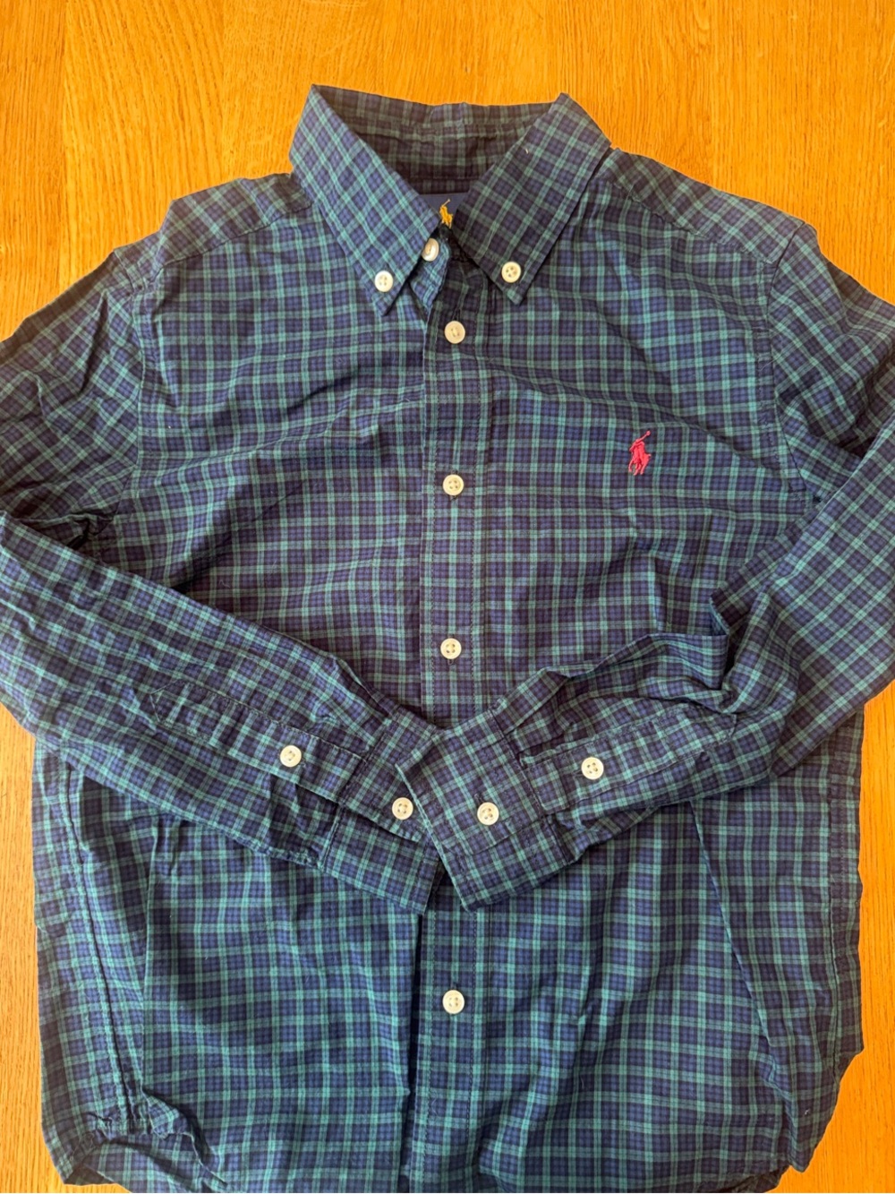 Ralph Lauren Navy and Green Plaid Button-Down Shirt with Pink Pony